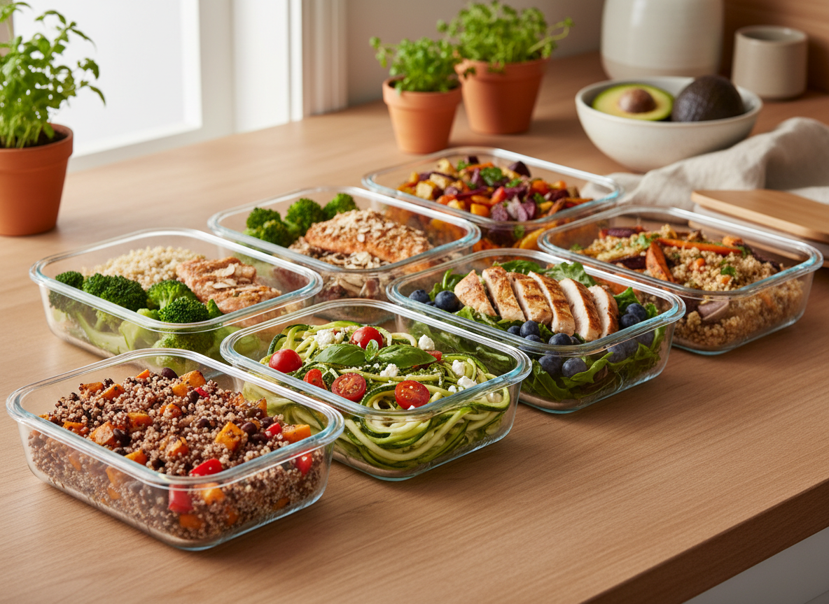 Glass meal-prep containers neatly arranged with colorful fresh vegetables and grains on a warm wooden surface.