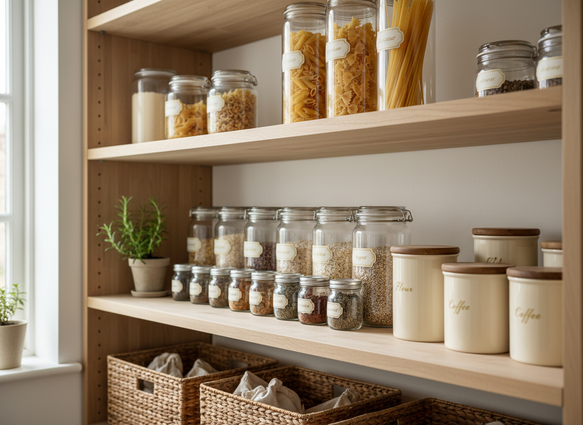 An organized pantry shelf with clear glass jars and labeled containers of grains, pasta, and spices.