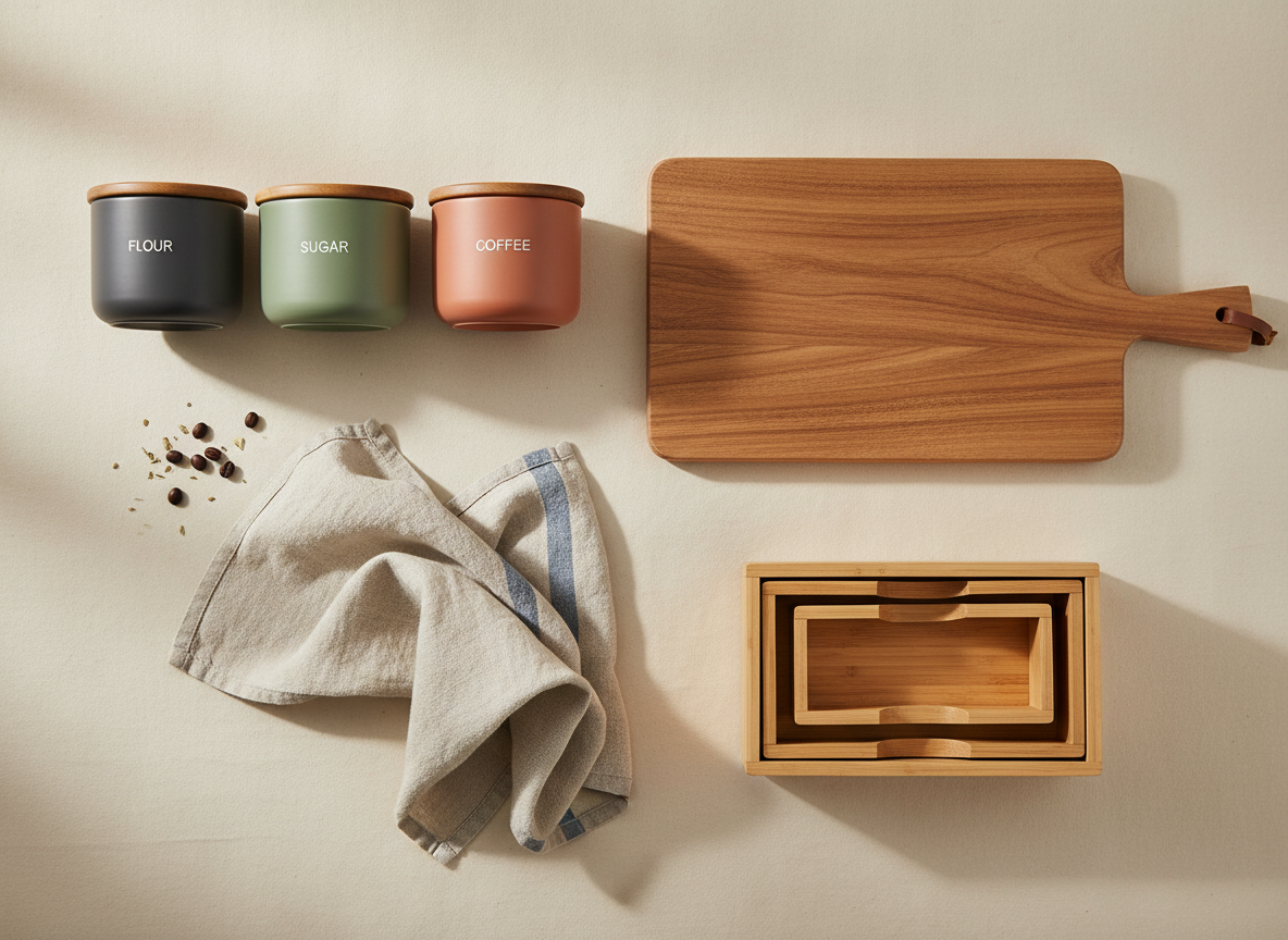 A styled flat-lay of curated kitchen products including ceramic canisters, a wooden cutting board, and bamboo drawer organizers.
